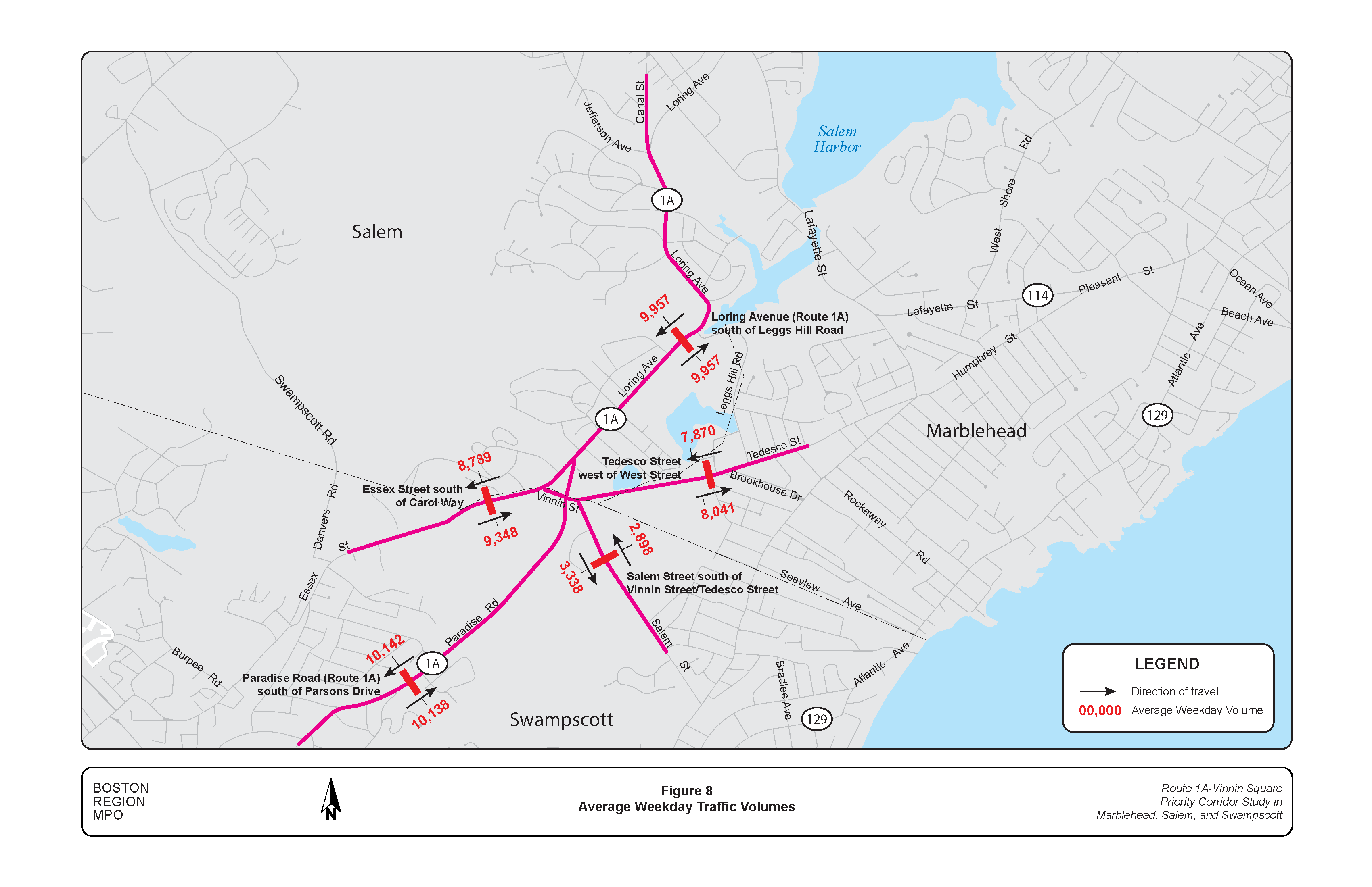 FIGURE 8. Average Weekday Traffic Volumes.Figure 8 is a map of roadways in the study area showing average weekday traffic volumes recorded at particular locations.